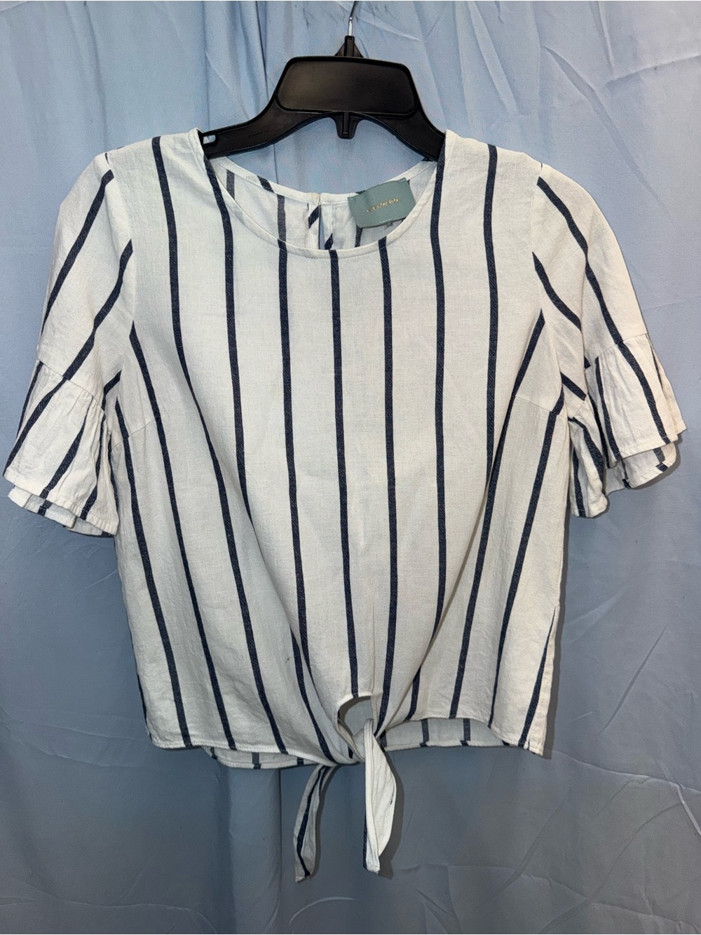 Skies Are Blue Navy & White Vertical Stripe Tie-Front Top